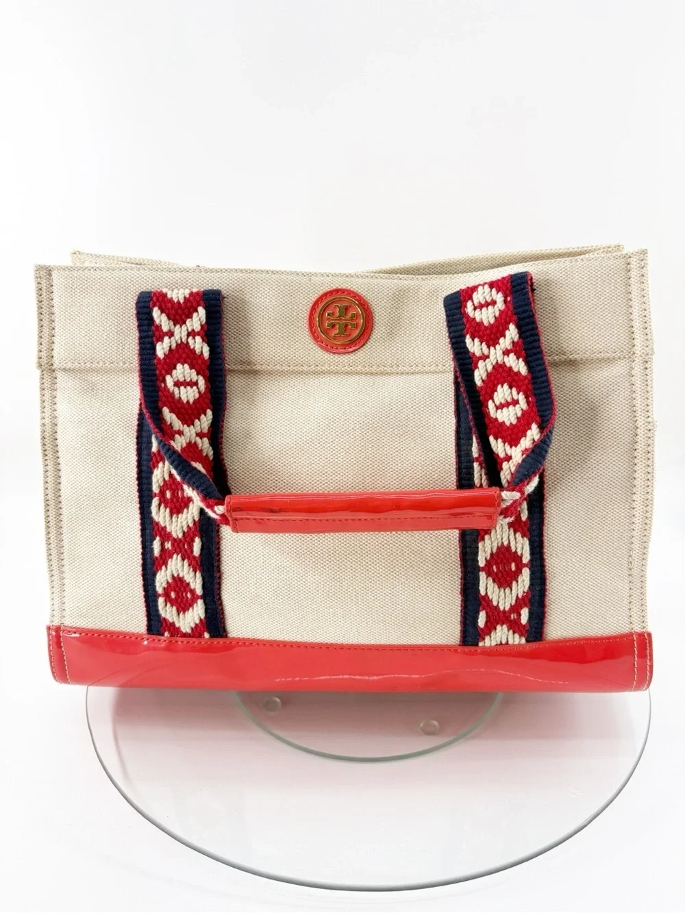 Tory Burch Canvas Tote Bag Coral Patent Trim Embroidered Straps Beach Summer